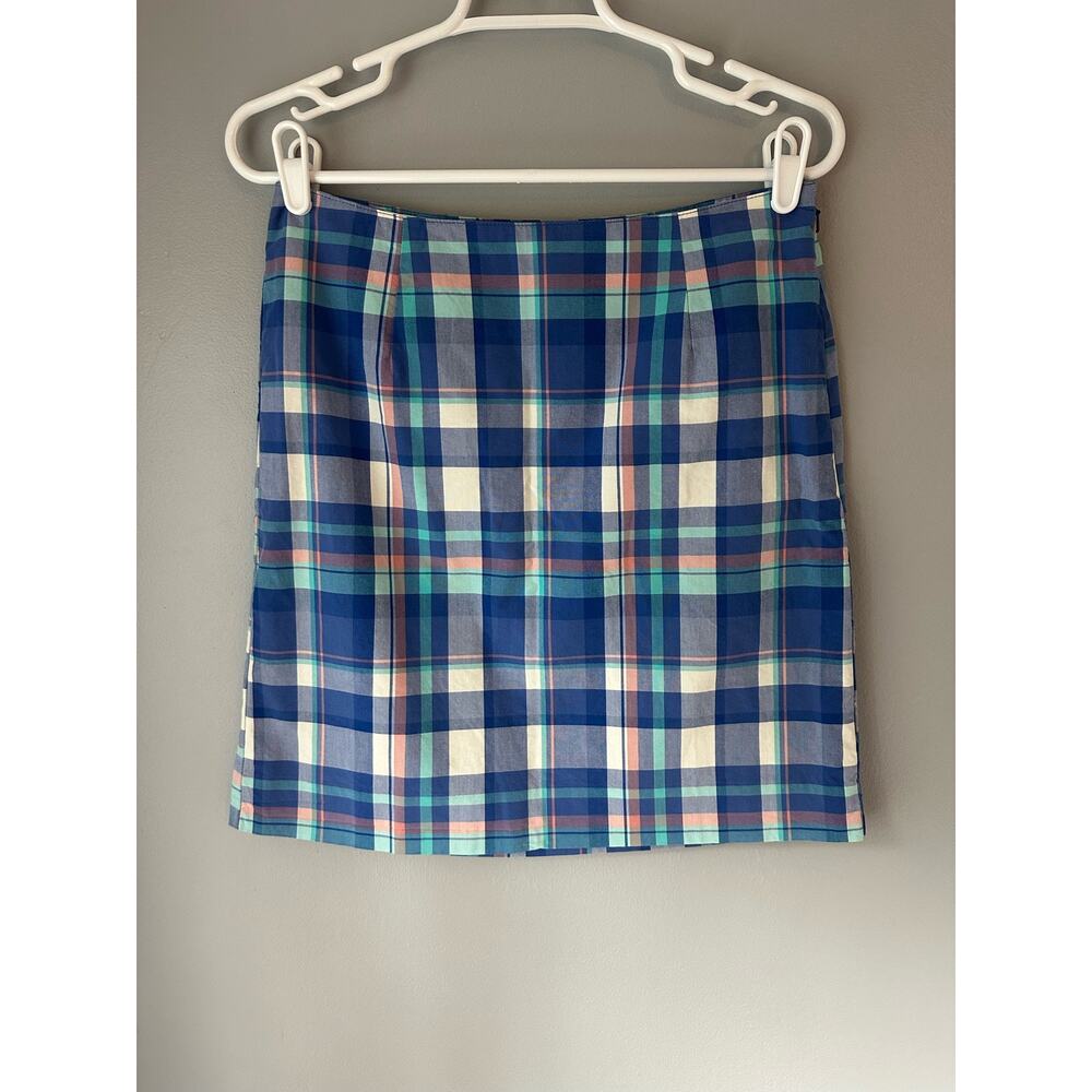 LL Bean Blue Plaid Skirt Short Pencil Favorite Fit Preppy Striped Size 4 petite